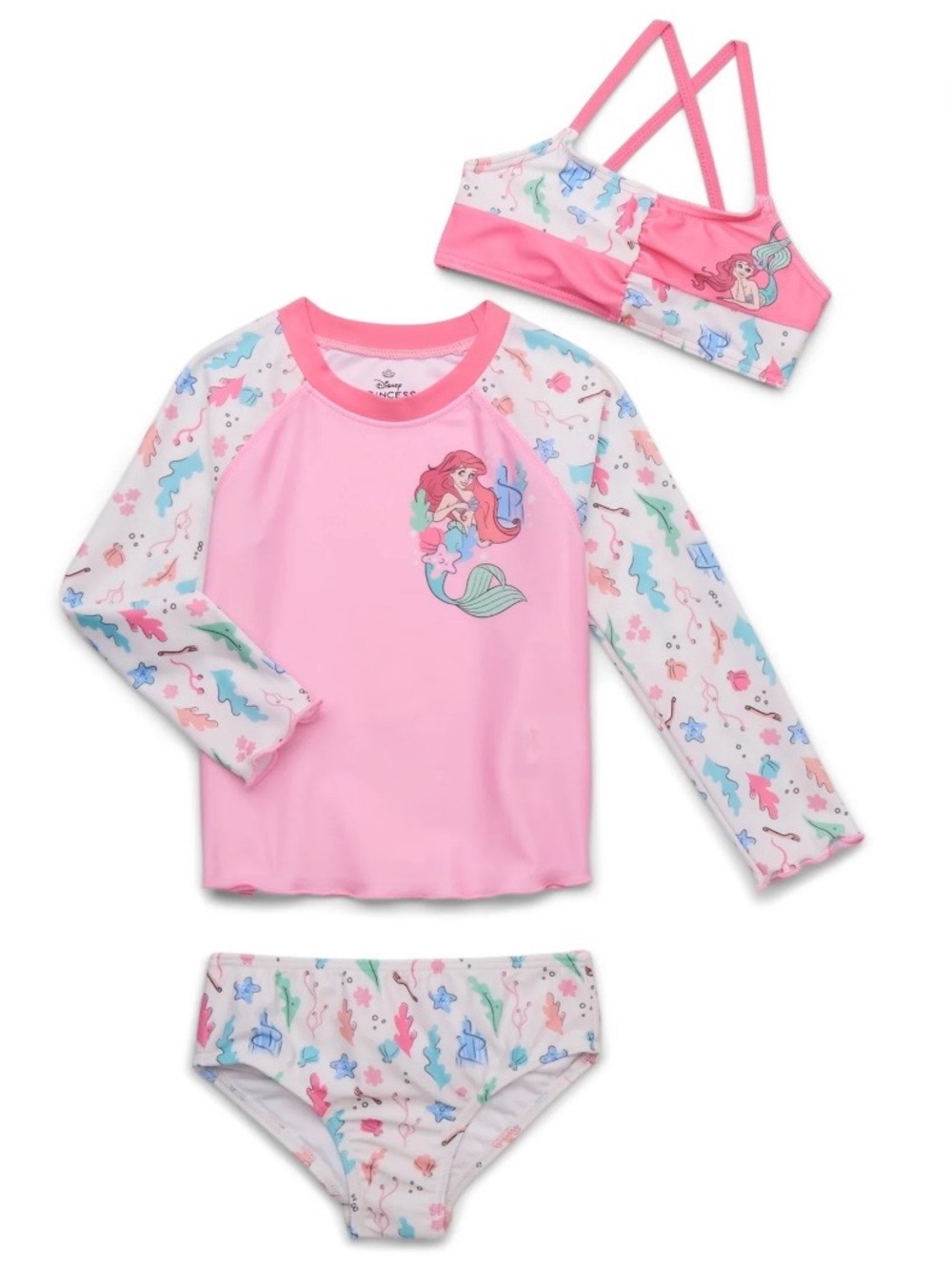 Disney Pink and Teal Ariel Girls' Two-Piece Swim Set with Rash Guard